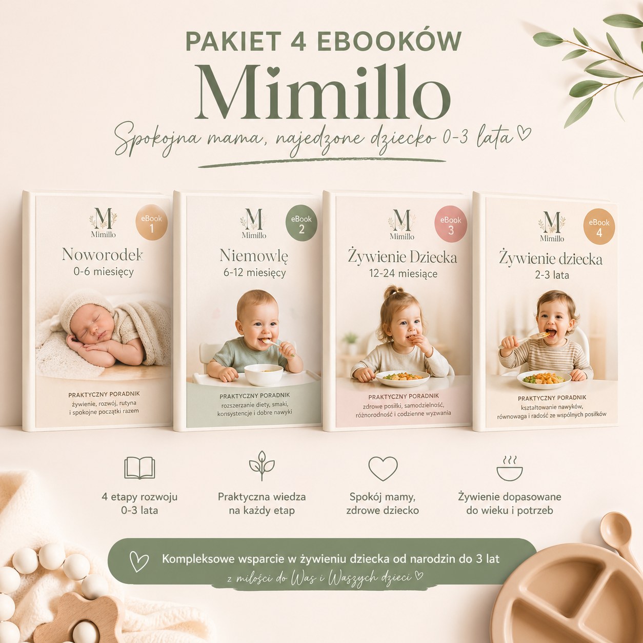 Pakiet 4 e-booków Mimillo: Spokojna mama, najedzone dziecko 0–3 lata