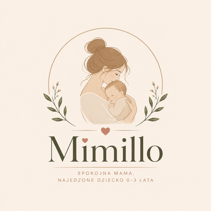Logo Mimillo – mama tuląca niemowlę, hasło: Spokojna mama, najedzone dziecko 0–3 lata