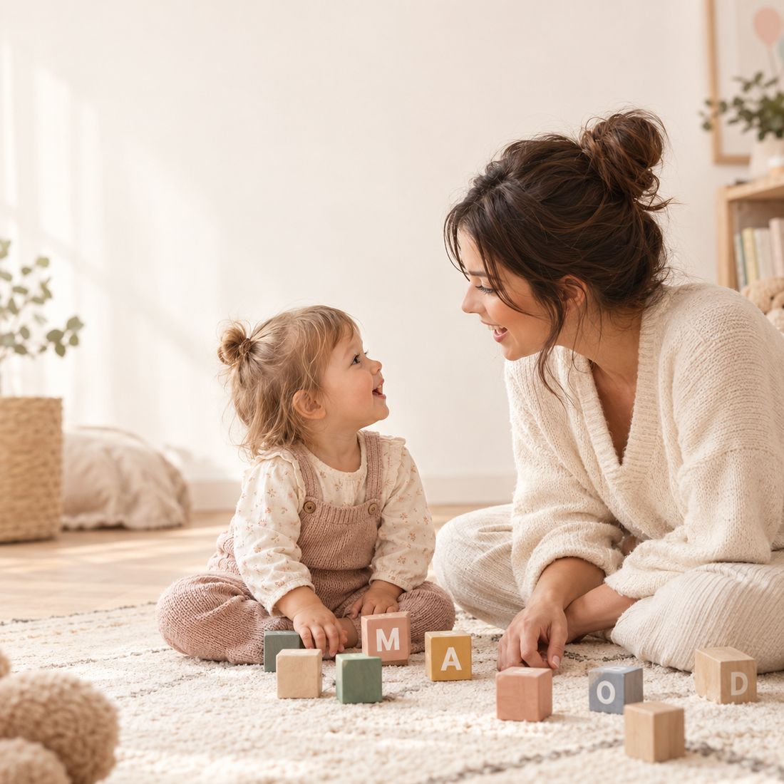 Mama rozmawia z córeczką podczas zabawy drewnianymi klockami