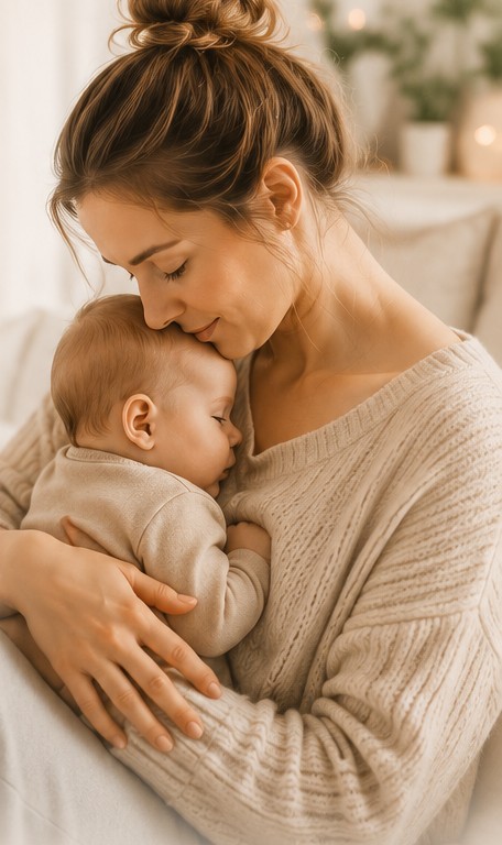 Mama tuląca śpiące niemowlę